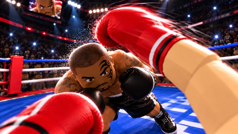 Imagen oficial de First Person Boxing con un golpe de guante rojo y un rival agachándose dentro del ring