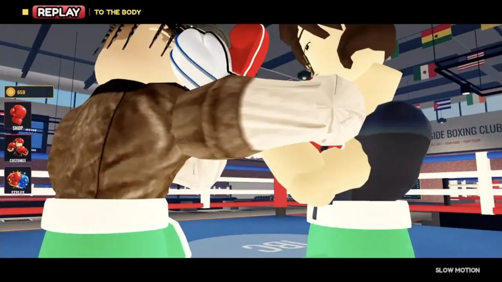 Slow-motion body-punch replay labeled REPLAY and TO THE BODY in First Person Boxing